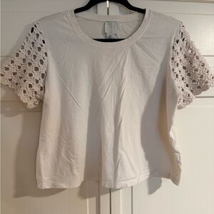 Joie Beige Cropped  Tee with Crochet Sleeves 100% cotton